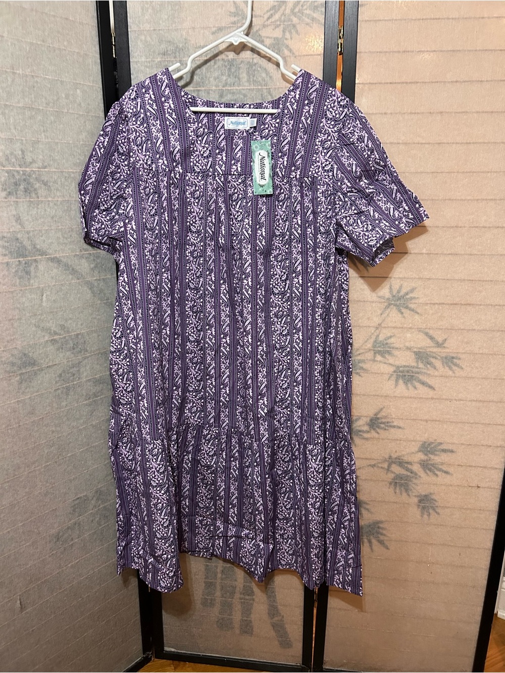 National Purple Paisley Stripe Cotton Tiered /Ruffle Lounger Dress Pockets NWT
